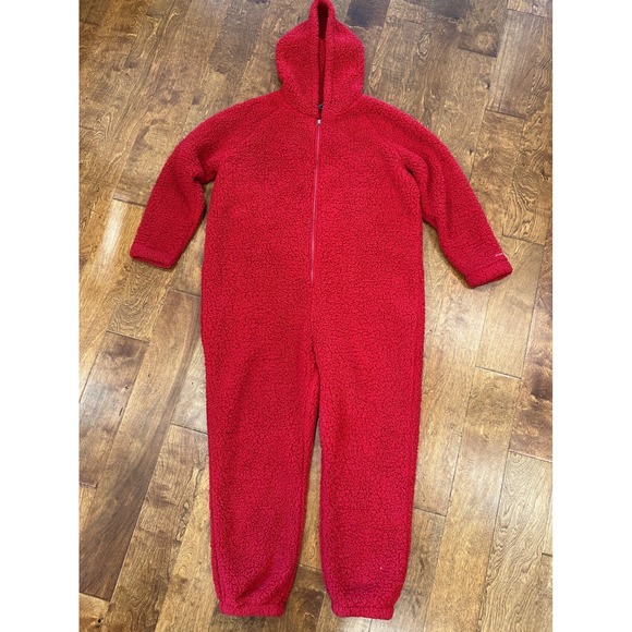 Eddie Bauer Plush Camp Suit Hooded Jumpsuit Sz L Sherpa Fleece Red Teddy Bear - Picture 3 of 15